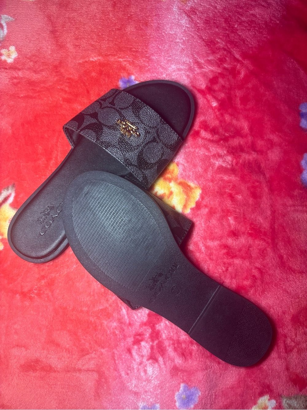 Coach Black Signature Logo Slide Sandals with Gold Accent